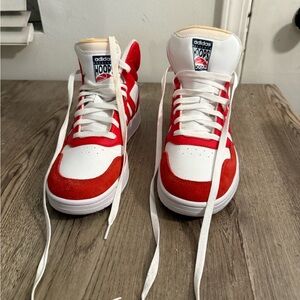 Adidas High Top Red and White Hoops Sneakers - worn once. Slight stain on laces.